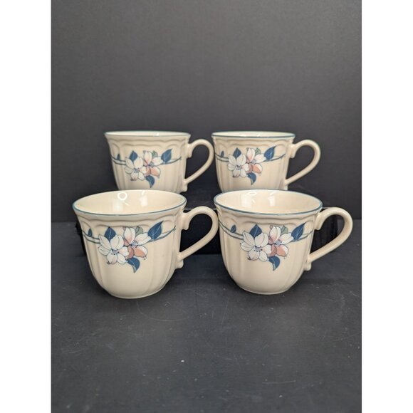 Epoch Lilies Floral Pleated Blue Rim 8 Oz Coffee/Tea Cup Set of 4 - Picture 1 of 8